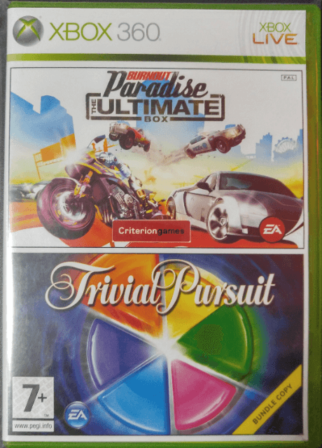 Burnout Paradise Ultimate Box + Trivial Pursuit box art for Xbox 360